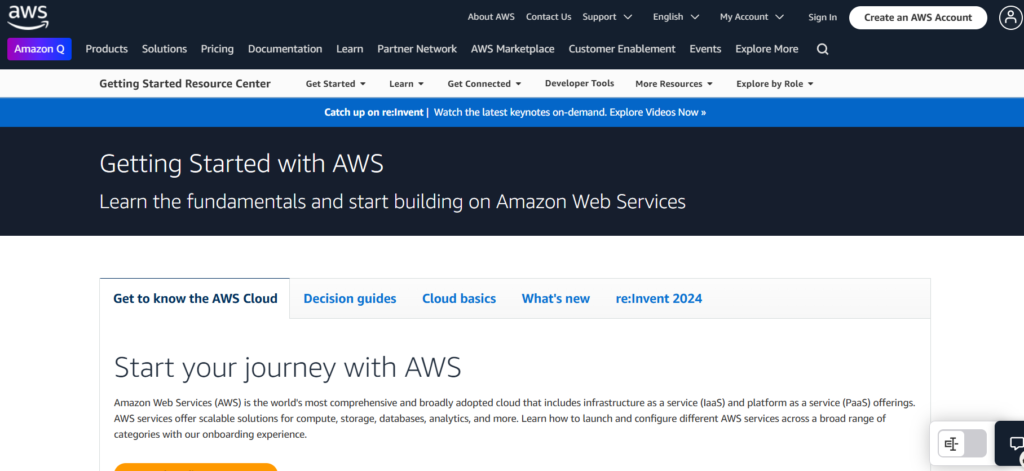 Screenshot of the 'Getting Started with AWS' section, guiding users on how to begin their AWS Cloud journey. The image displays essential steps, features, and resources for setting up AWS services, helping beginners explore the power of AWS Cloud. Ideal for those looking to understand AWS setup, cloud computing, and deployment processes.