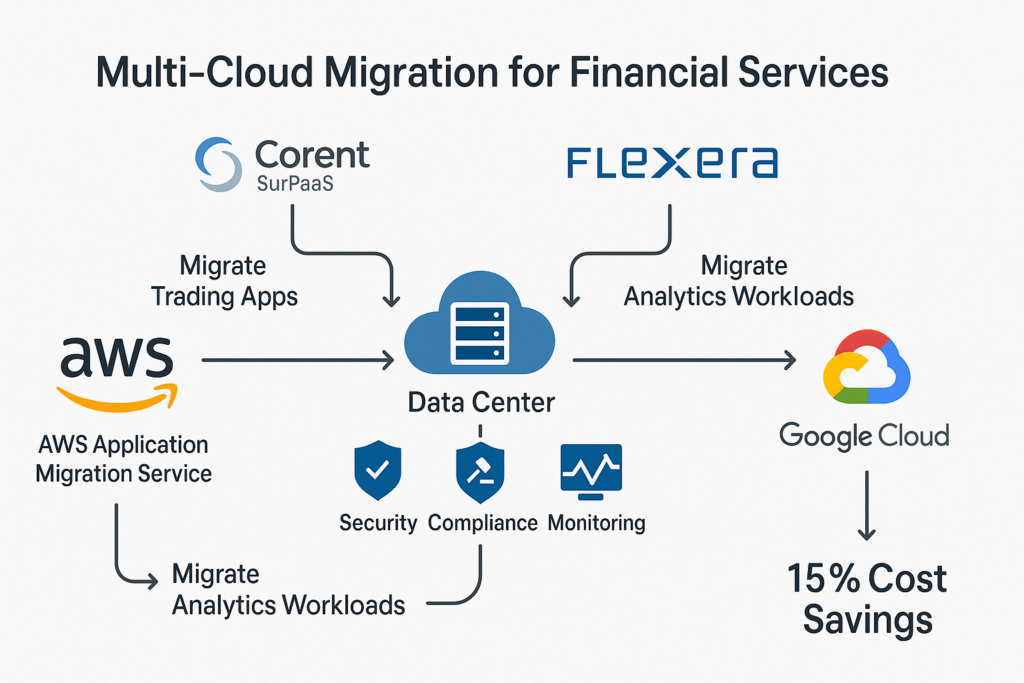 "Multi-cloud migration architecture for financial services using AWS, Google Cloud, Corent SurPaaS, and Flexera tools