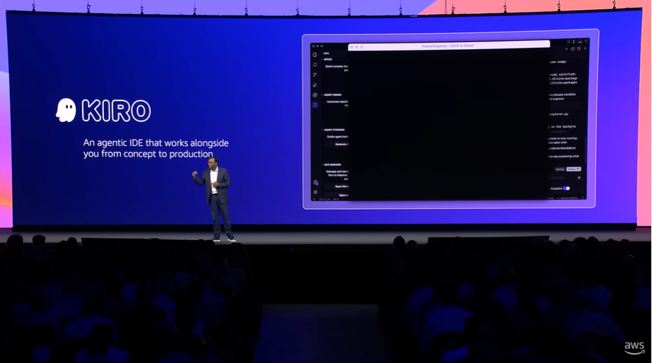 Screenshot of AWS Summit NYC 2025 showing Kiro IDE demo, an agentic AI-powered IDE for structured development workflows.