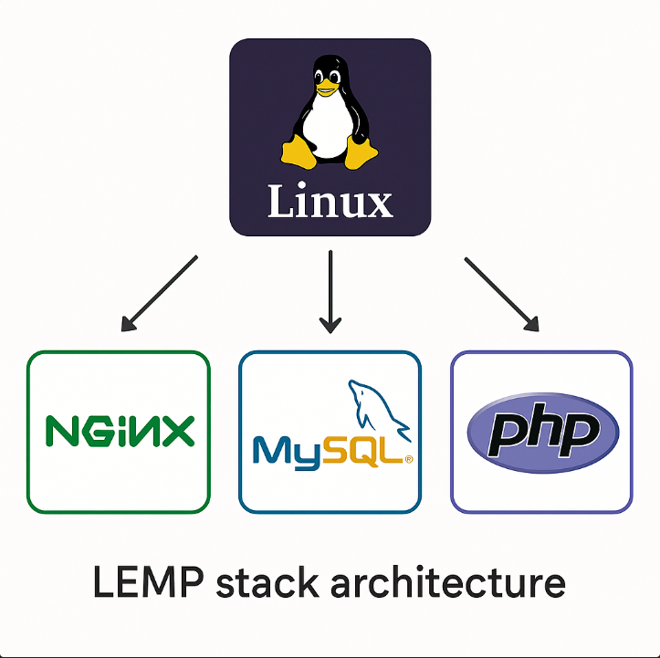 LEMP stack architecture diagram with Linux, Nginx, MySQL, and PHP logos, essential for deploying Laravel applications on AWS Lightsail.