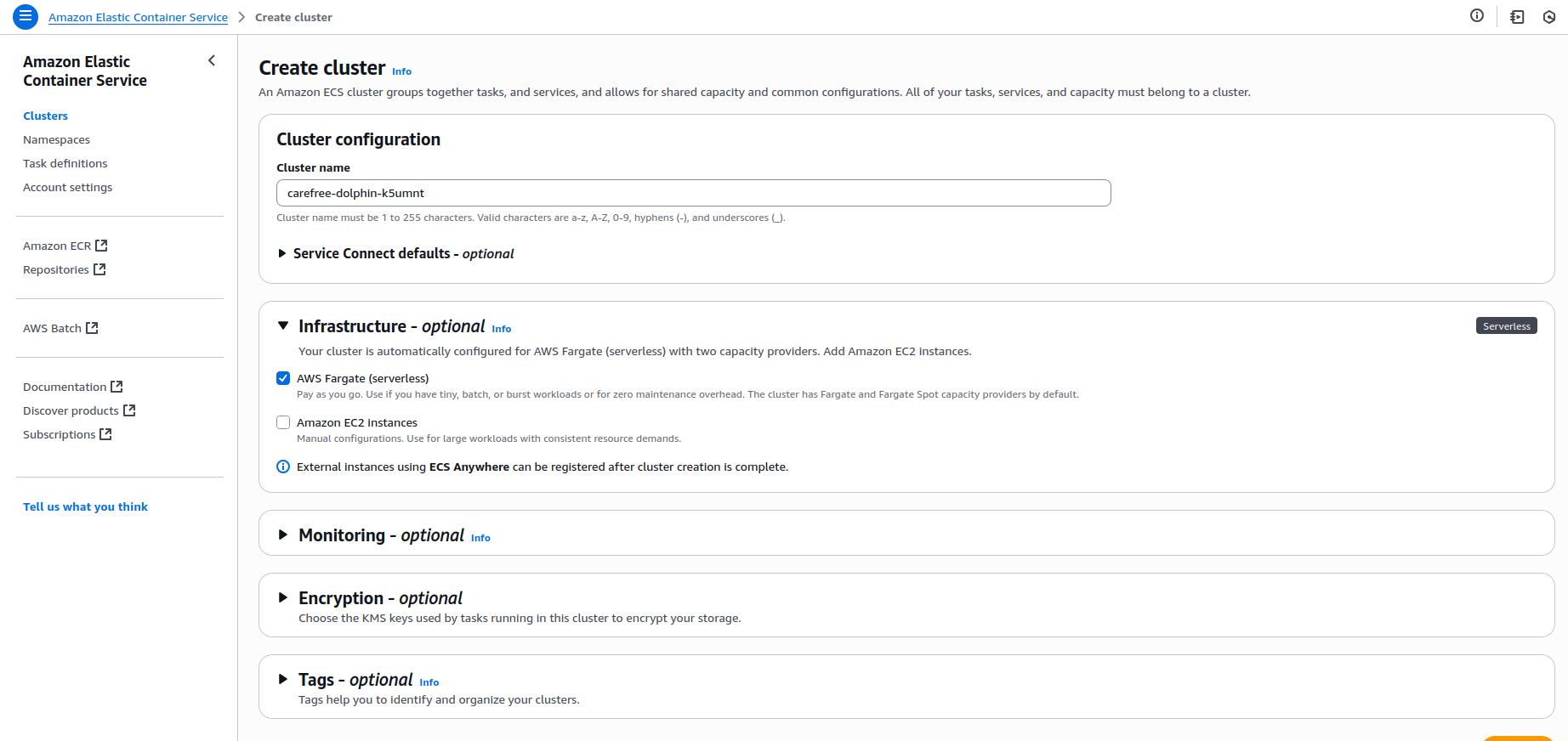 ECS cluster creation screen with Fargate option selected AWS Node.js Deployment