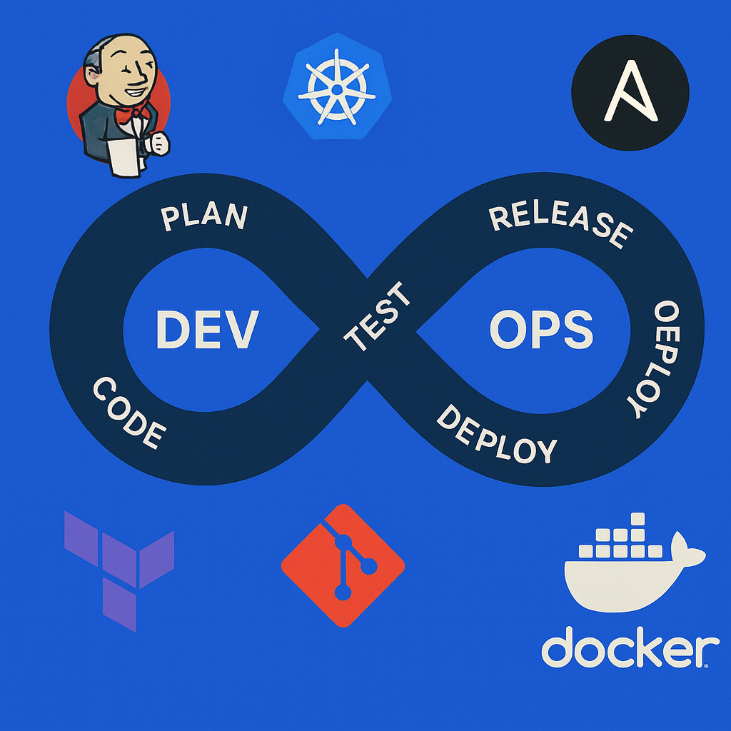 DevOps Managed Services lifecycle with CI/CD tools like Jenkins, Kubernetes, Ansible, Terraform, Git, and Docker in Cloudlaya brand colors.