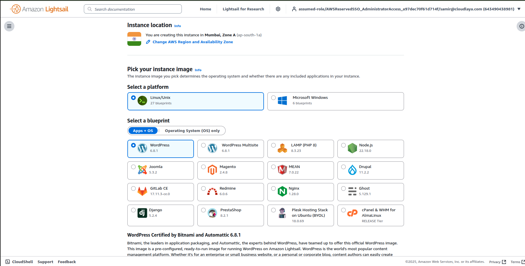 AWS Lightsail console showing Linux/Unix platform and WordPress blueprint selection during the process to deploy WordPress on AWS Lightsail.